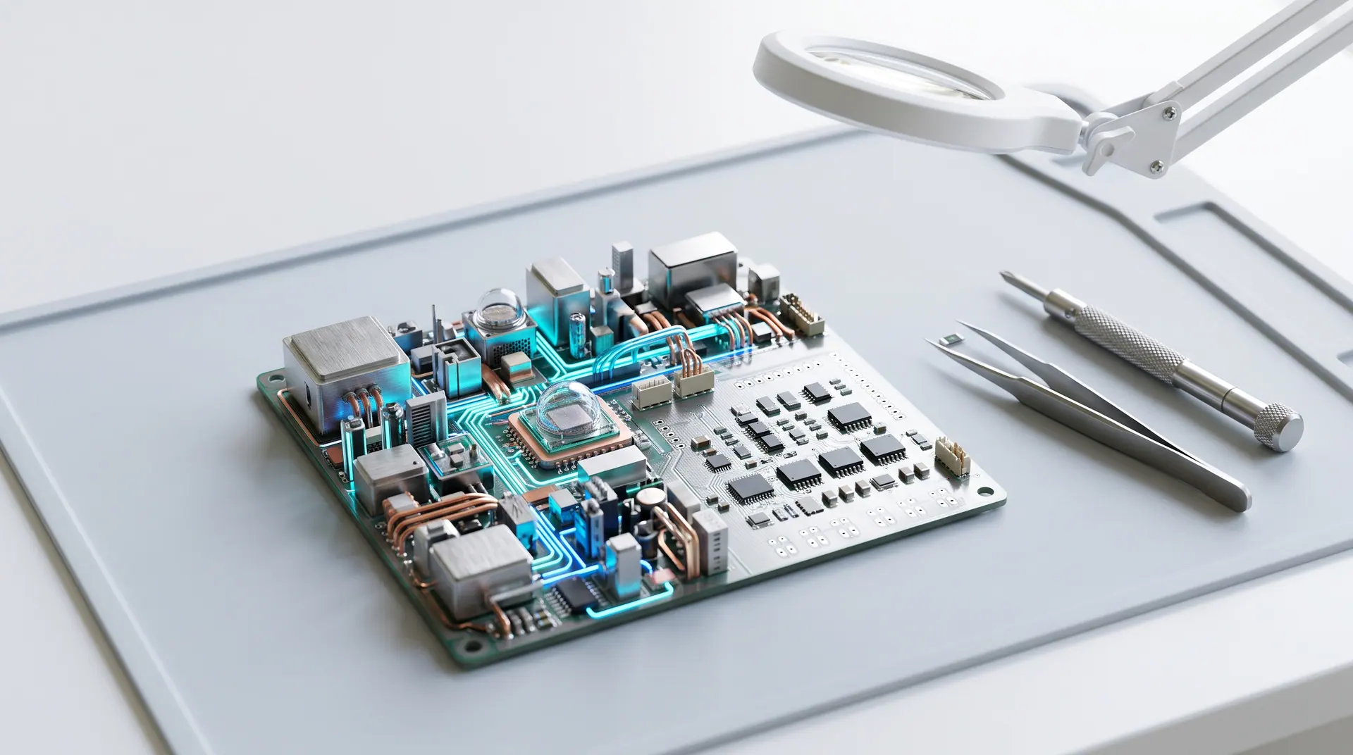 A precision workbench where the miniature circuit-board city is being assembled