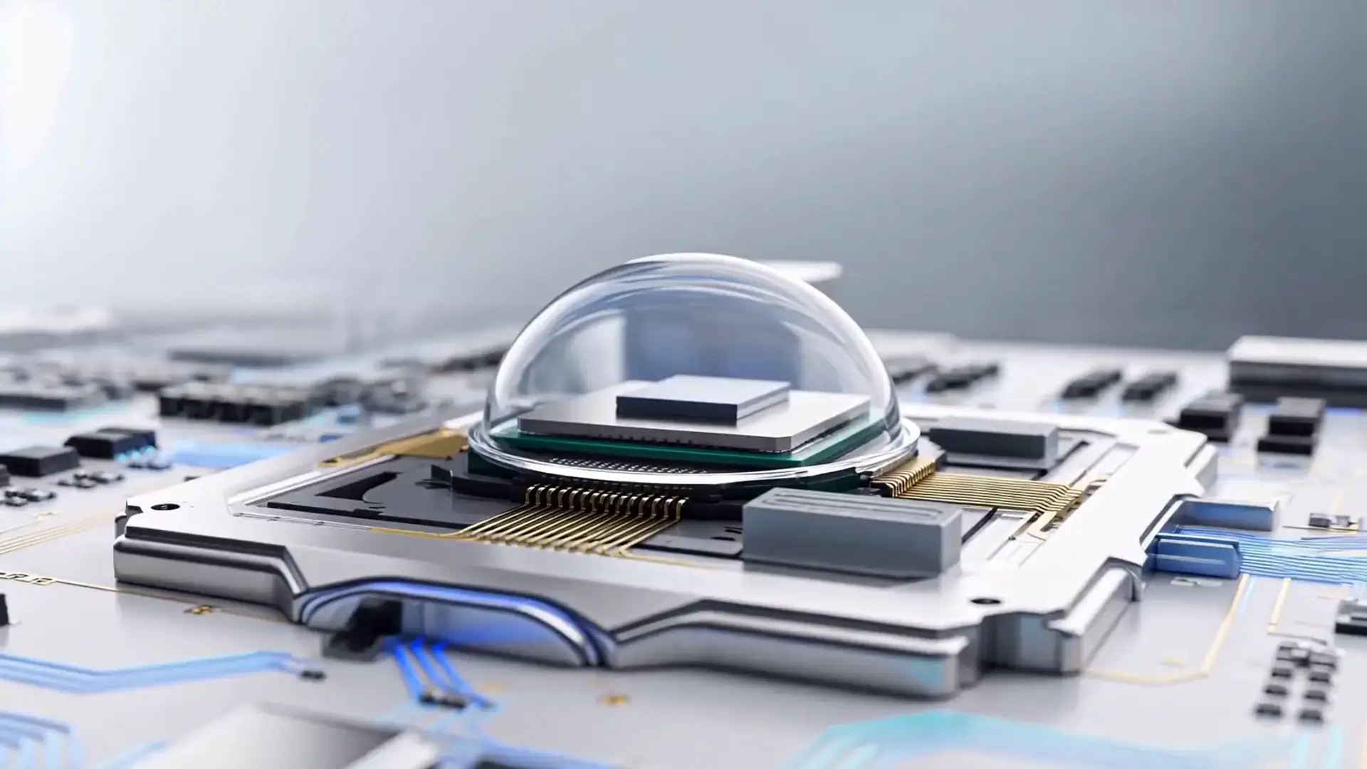 The processor under its glass dome at the centre of the board
