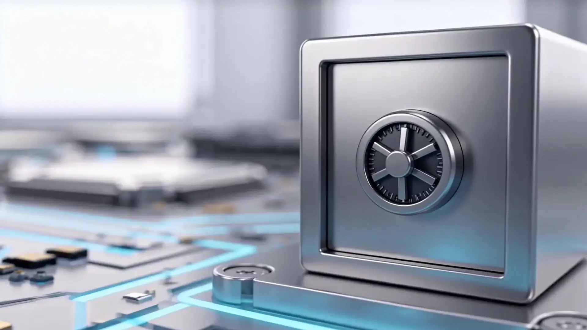 A brushed steel vault standing on the circuit board
